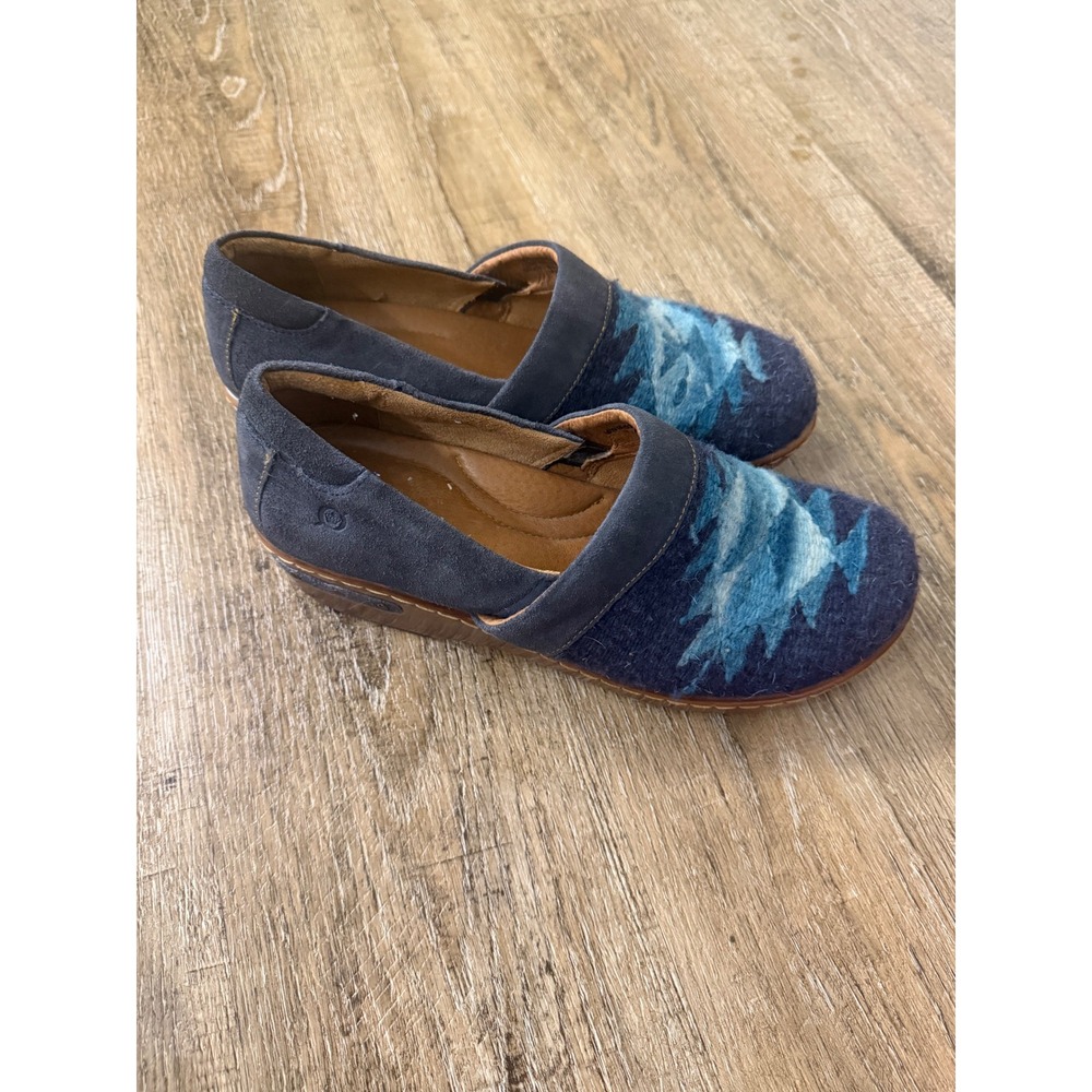 Born Handcrafted Clogs Navy Blue Suede Wool Southwestern M/W BR001627 Size 10/42